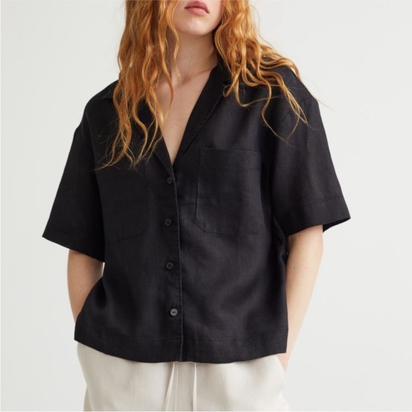 H&M Tops - H&M Linen Black Crop Boxy Short Sleeve Shirt Sz XL Vacation Beach